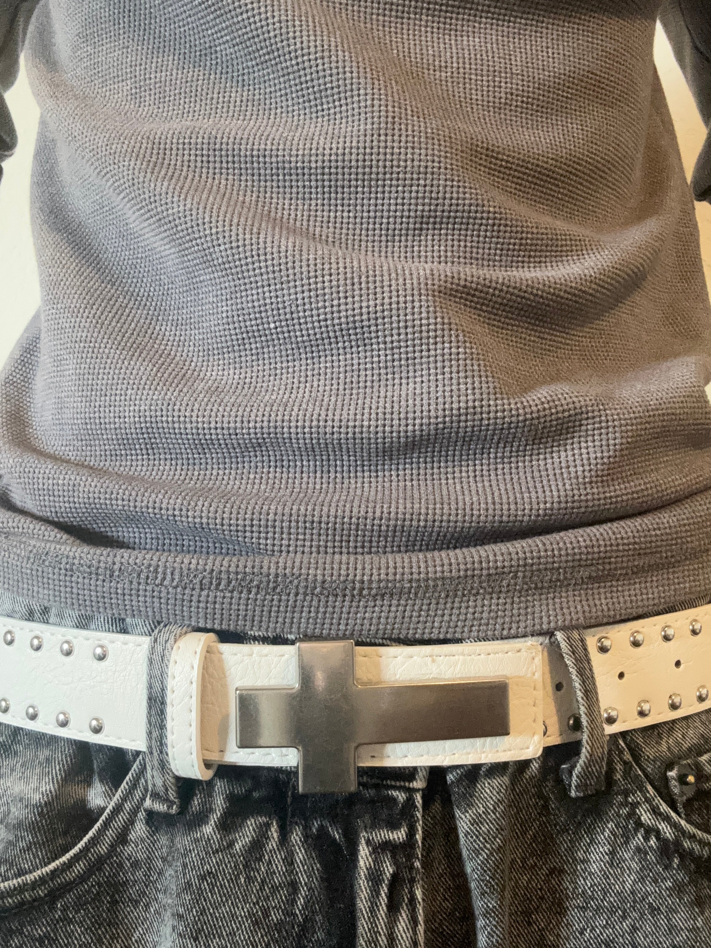Smooth White Leather Belt Studded with Silver Cross Buckle