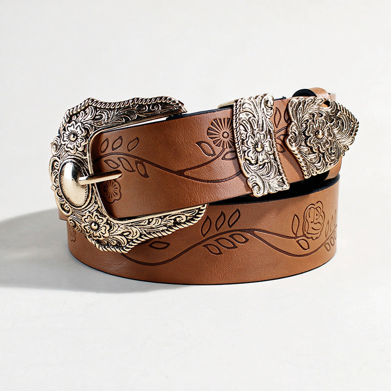New leaf print lucky sketch vintage carved niche design belt versatile jeans dress strap