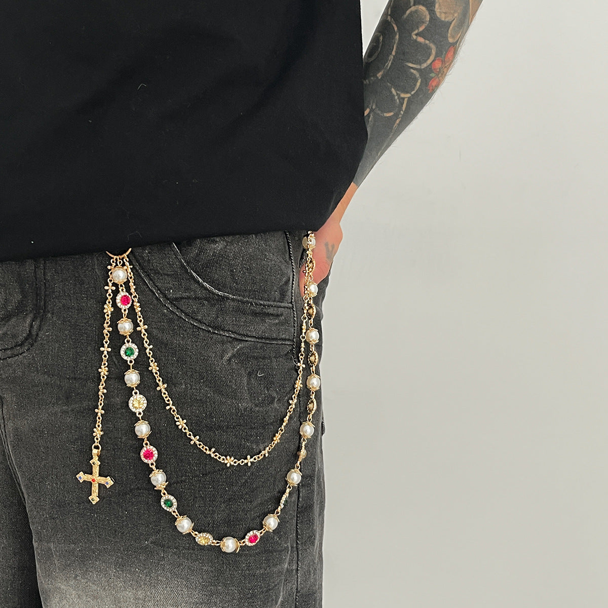 Layered Gemstone & Cross Belt Chain