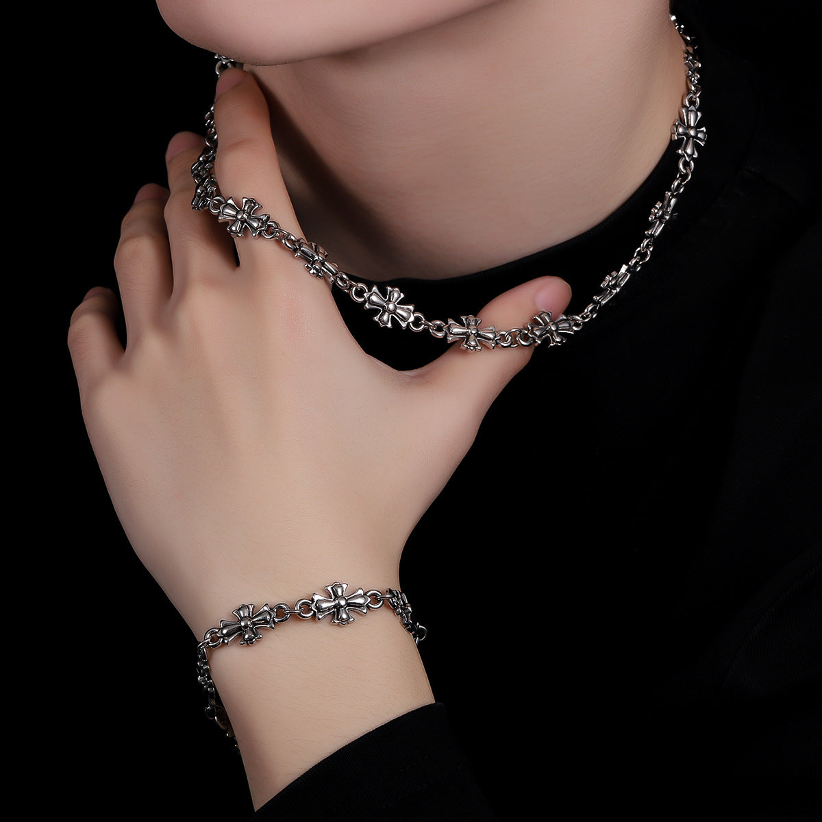 Repeating Starburst Cross Charm Bracelet and Necklace
