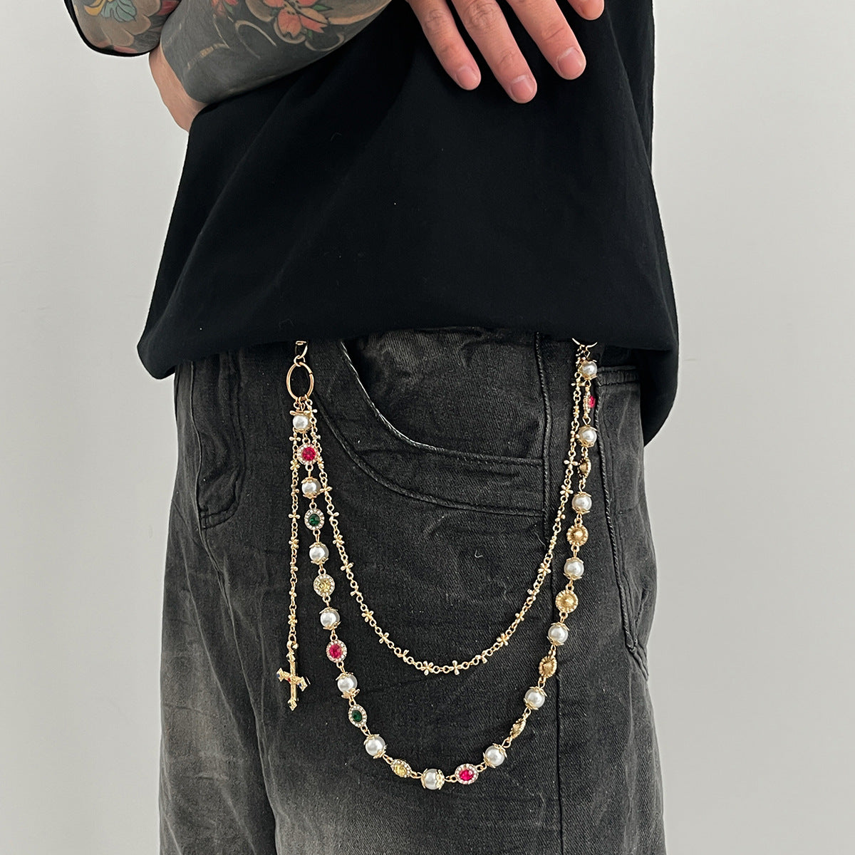 Layered Gemstone & Cross Belt Chain