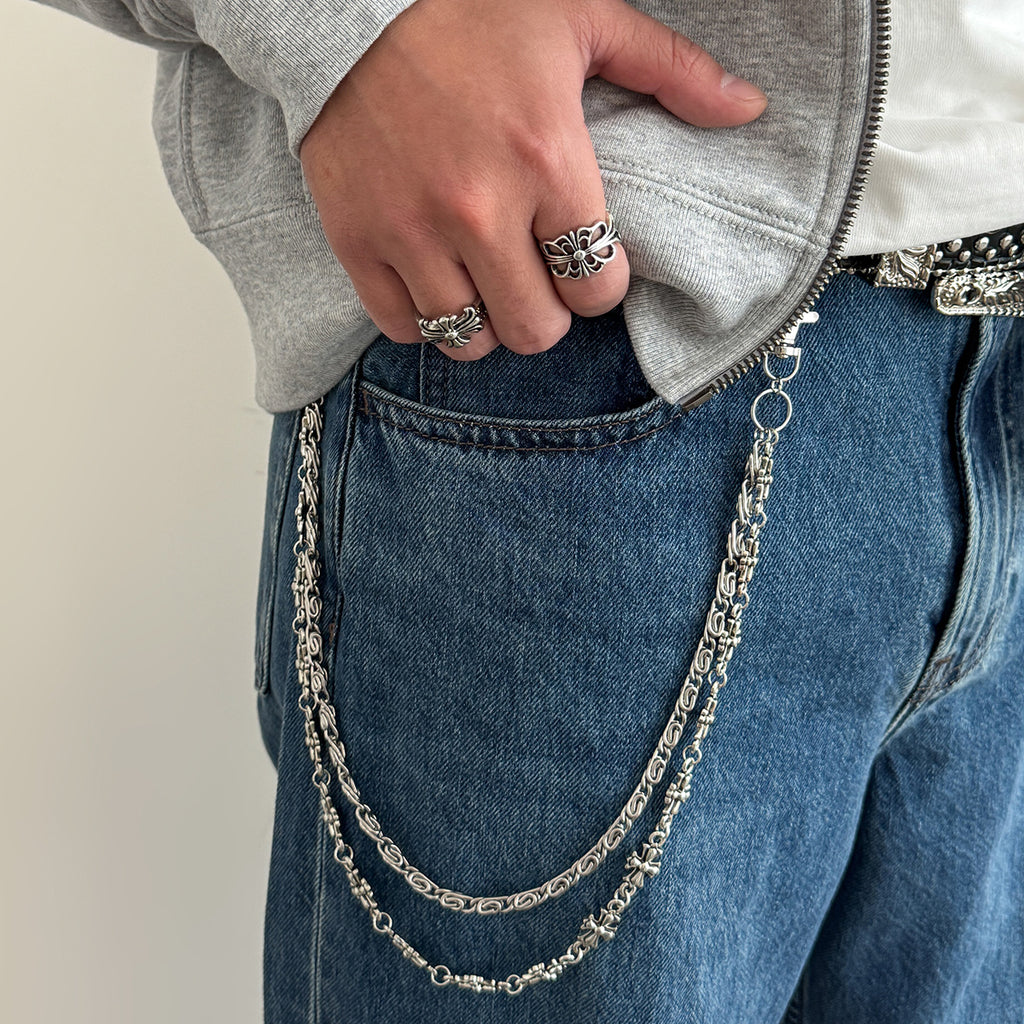 European and American hip-hop heavy metal double-layer cross pants chain, men's waist hanging chain, hip-hop street hardcore outfit
