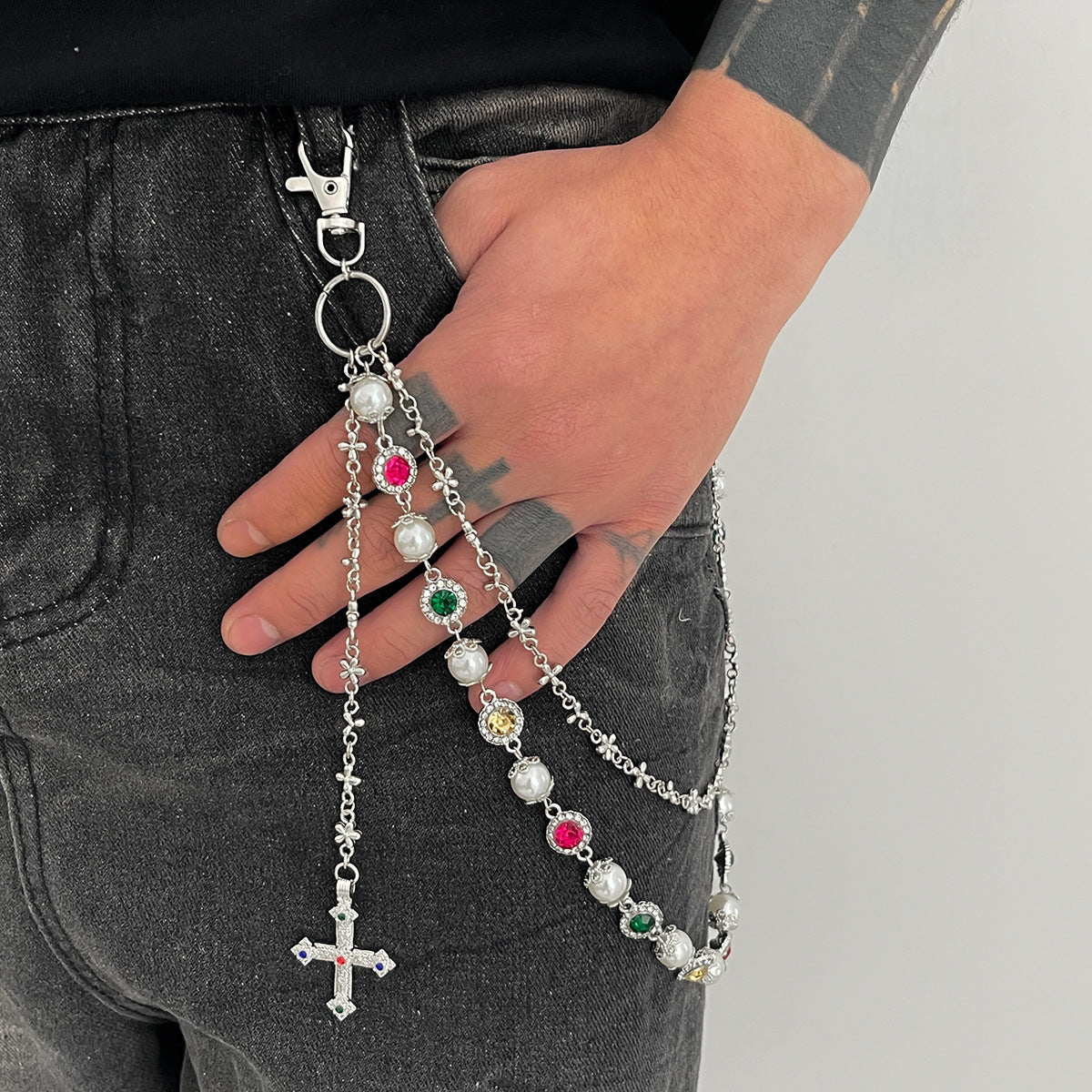 Layered Gemstone & Cross Belt Chain