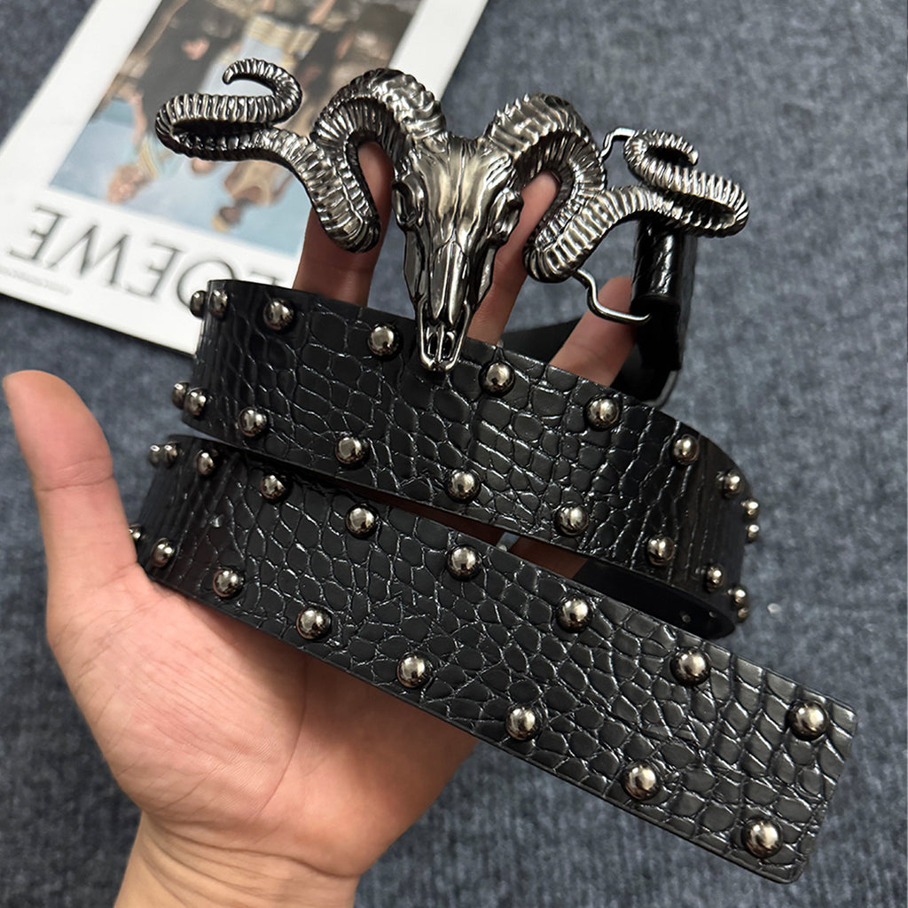 Punk Style Metal Ram Head Riveted Belt, Subculture Vintage Distressed Belt, Unisex Trendy Waist Chain