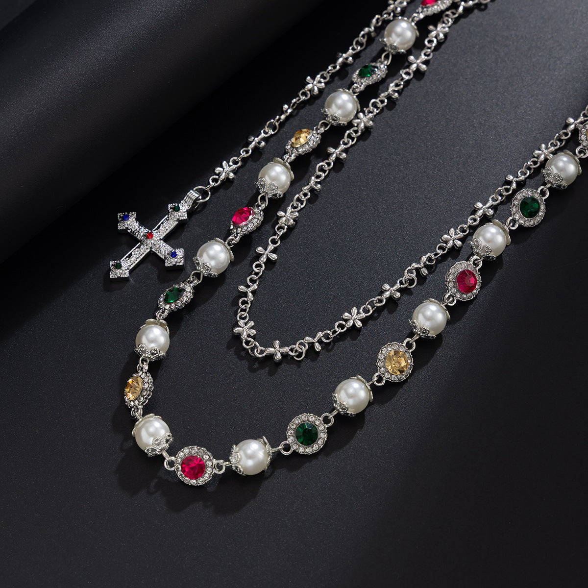 Layered Gemstone & Cross Belt Chain