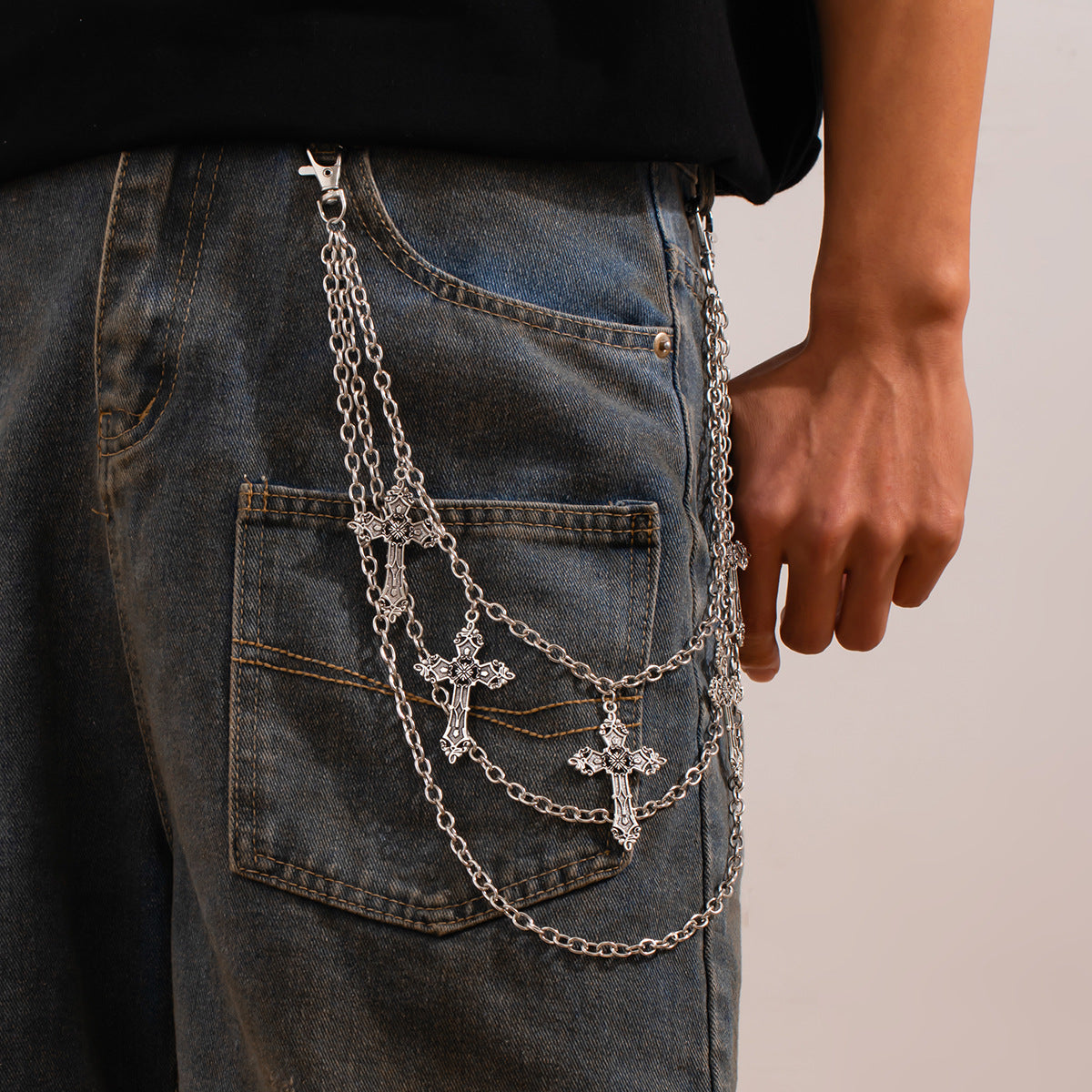 European and American cross-border jewelry, men's cross trouser chain, high-end fashion, small multi-layer chain jeans accessories