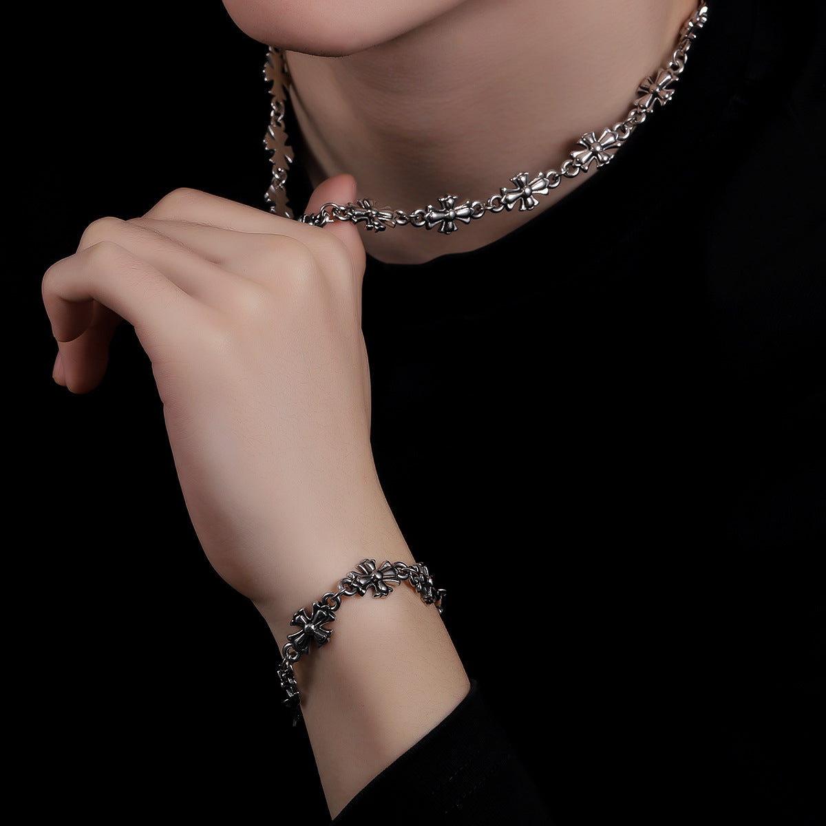 Repeating Starburst Cross Charm Bracelet and Necklace