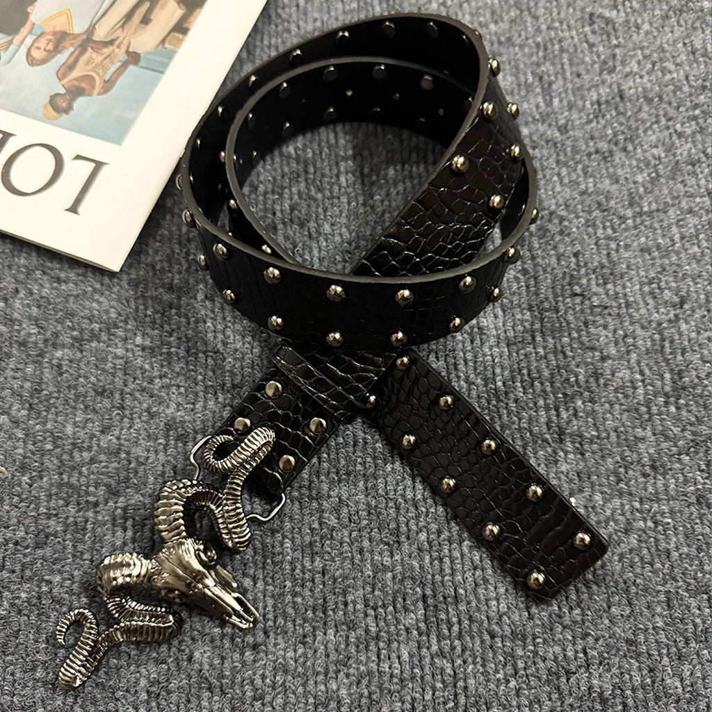 Punk Style Metal Ram Head Riveted Belt, Subculture Vintage Distressed Belt, Unisex Trendy Waist Chain