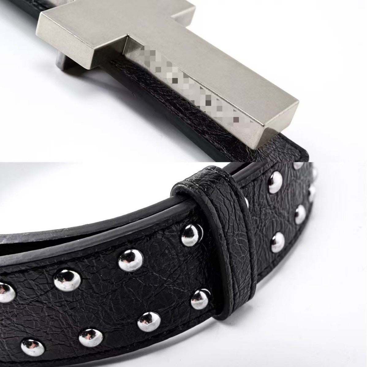 Large Cross Buckle Silver Studded Belt