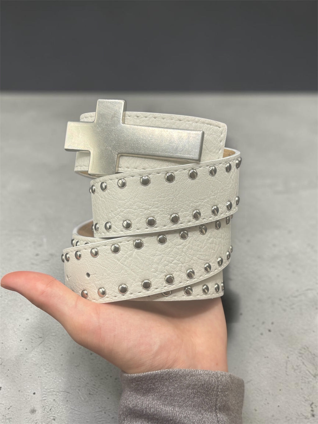 Smooth White Leather Belt Studded with Silver Cross Buckle
