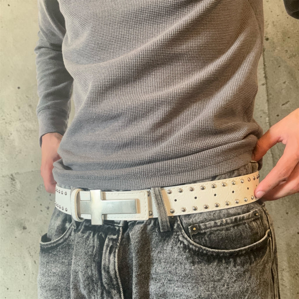 Smooth White Leather Belt Studded with Silver Cross Buckle