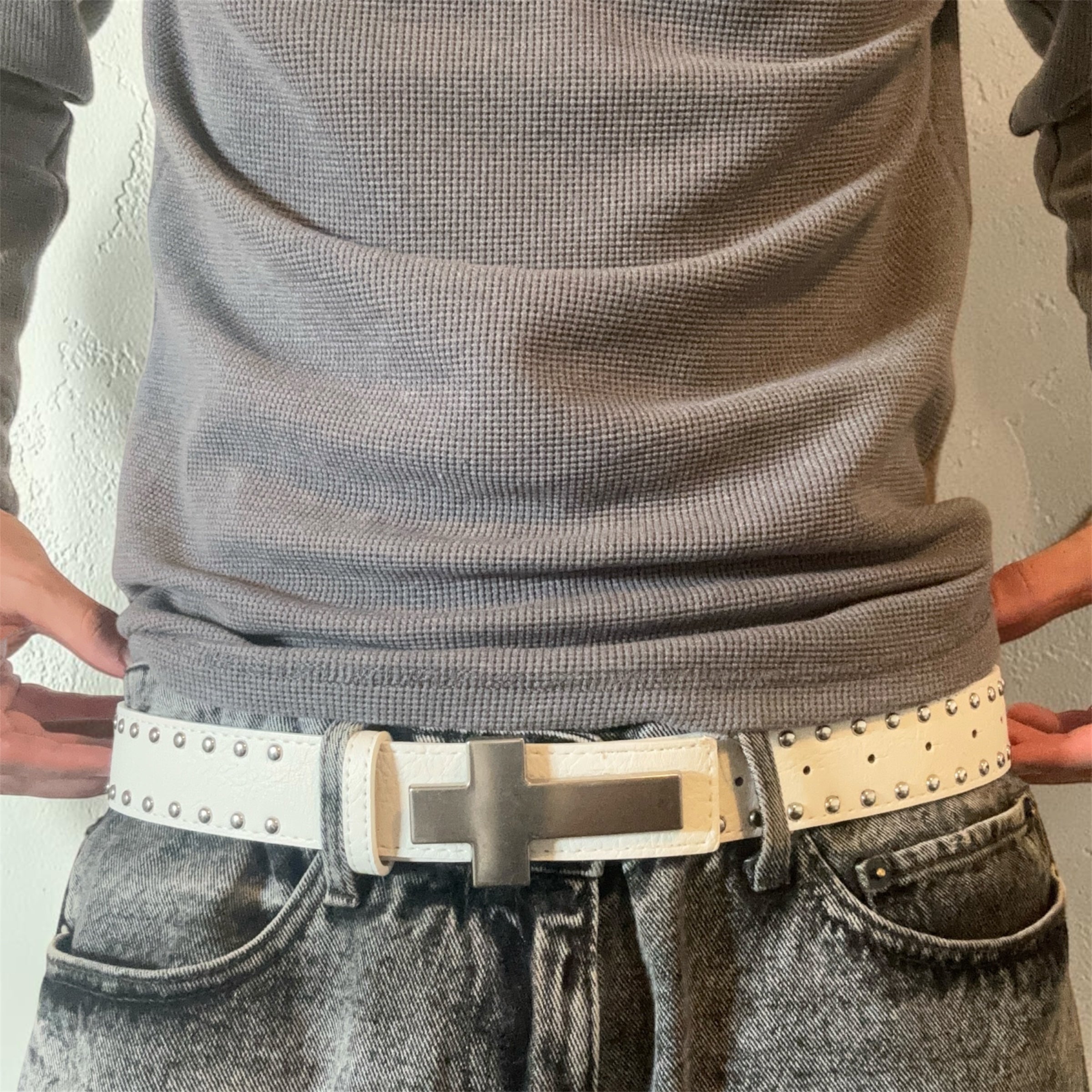 Smooth White Leather Belt Studded with Silver Cross Buckle
