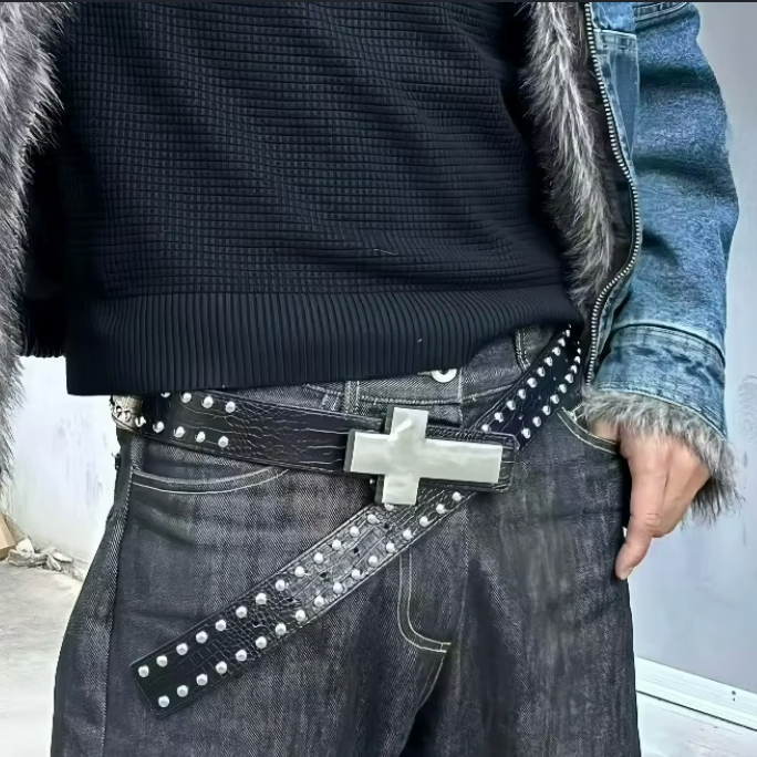 Large Cross Buckle Silver Studded Belt