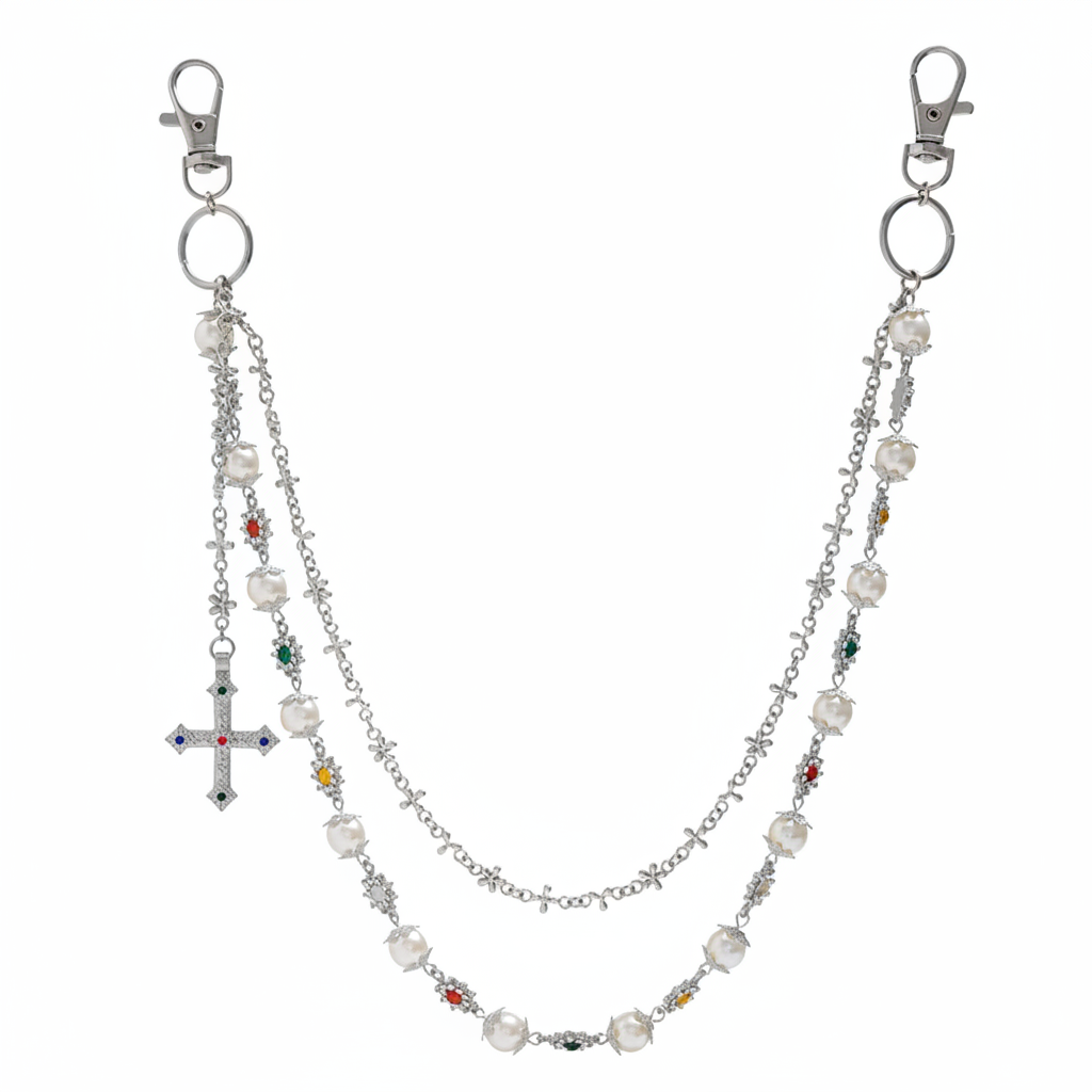 Layered Gemstone & Cross Belt Chain